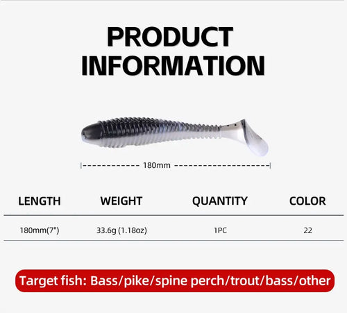 Gray-and-white silicone T-tail fishing lure with translucent paddle tail
