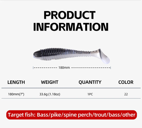 Gray-and-white silicone T-tail fishing lure with translucent paddle tail