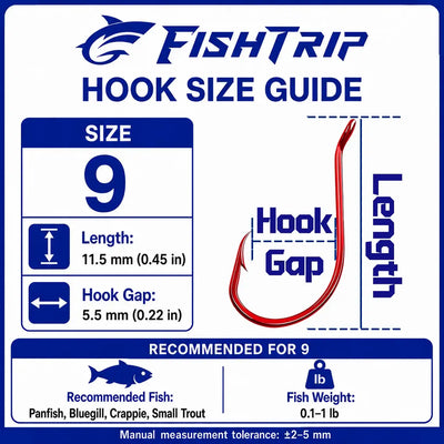 Fish hook size guide card for Size 9, shows hook length and gap measurements