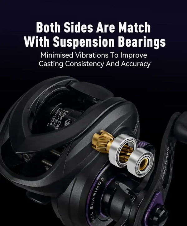 Black baitcasting fishing reel side view with gold/brass handle shaft and purple accents.