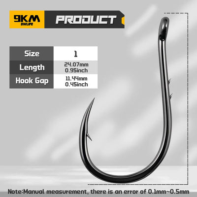Size 1 baitholder circle hook diagram with length and hook gap measurements