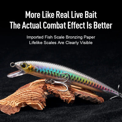 Glowing scale-style minnow hard lure, teal and purple highlights, two treble hooks