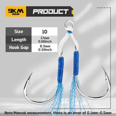Blue feather assist fishing hooks with steel-core cord and solid rings, size 10