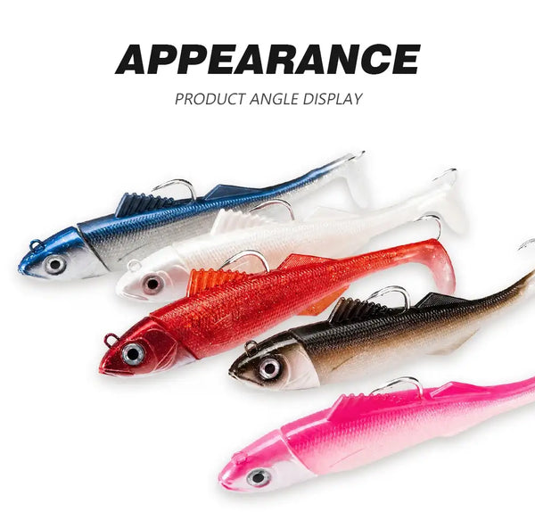 Assorted soft swimbait lures with blue, red, white, and pink bodies and jig heads