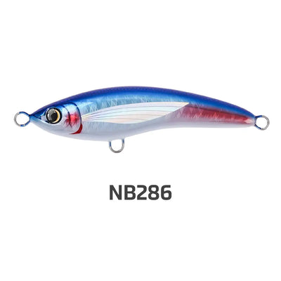 Floating stickbait lure in blue and silver with red belly stripe and treble hook