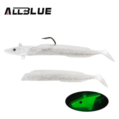 Soft paddle-tail fishing lure, white with black hook and sparkly finish