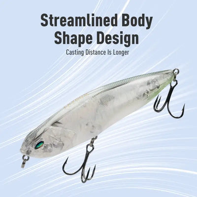 Leydun Z-Claw floating pencil stickbait with transparent plastic body, green eye, silver accents, and two treble BKK hooks