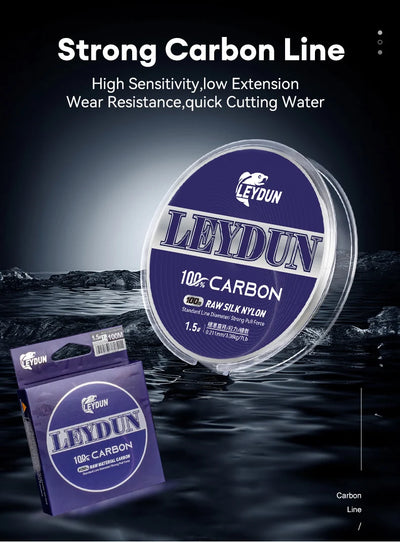 Carbon line spool with purple sachet packaging and clear fluorocarbon leader line coil