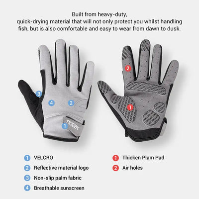 Pair of white and black fishing gloves with labeled features and ventilation