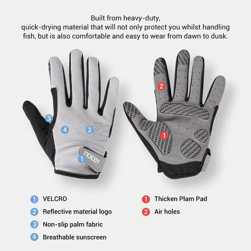Pair of white and black fishing gloves with labeled features and ventilation