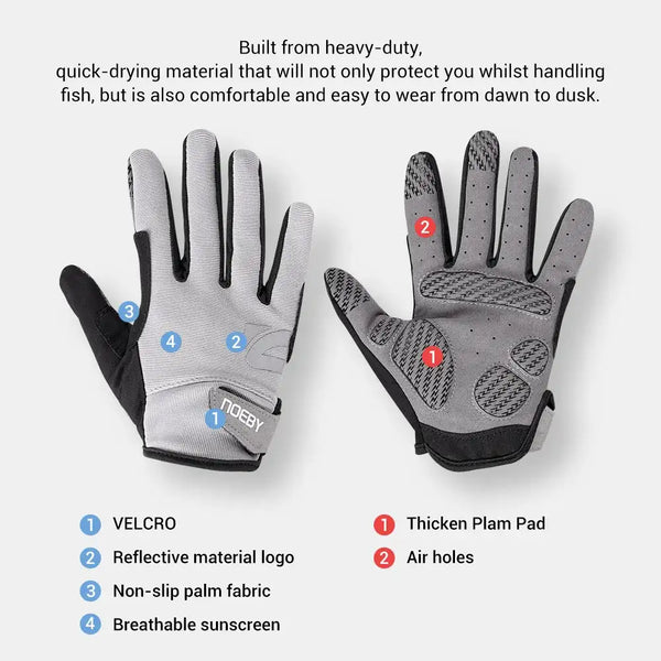 Pair of white and black fishing gloves with labeled features and ventilation