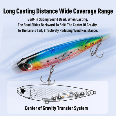 Colorful floating fishing lure pencil with black head and red tail, shown with hooks.