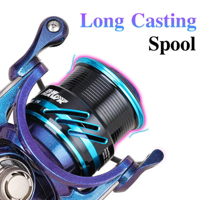 Close-up of blue/purple long-cast shallow spool on spinning fishing reel