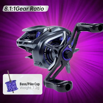 Micro baitcasting fishing reel, 8.1:1 gear ratio, dark body with pink and blue spool