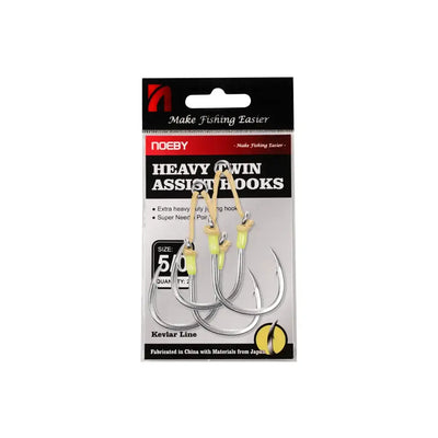 Heavy twin assist fishing hooks with yellow jig beads, size 5/0, on package