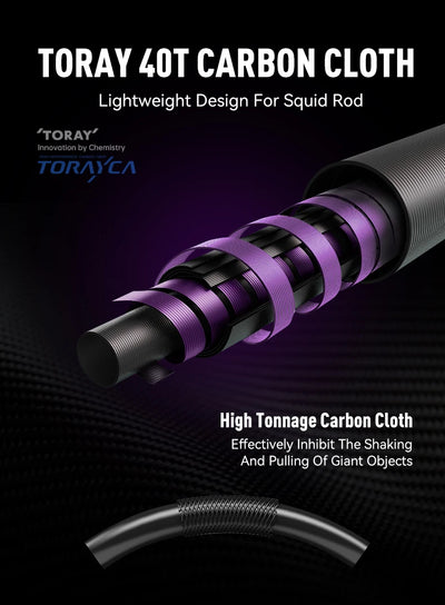 Purple carbon cloth section wrap on a squid jigging rod with guide brace