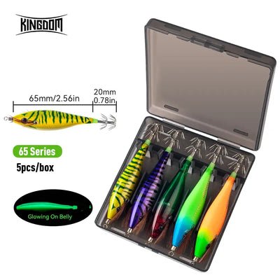 5-piece glowing squid jig lures, yellow-black stripes in clear tackle box