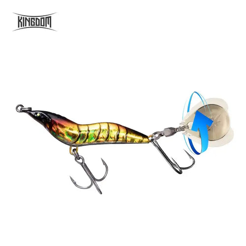 Yellow and gold metal spinner shrimp lure with round spoon blade and treble hooks