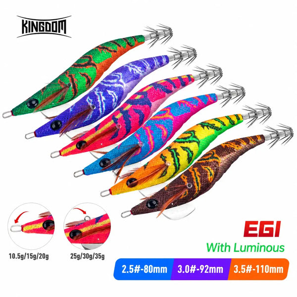 Set of colorful squid jig lures with silver hook skirts and ring loop eyelets