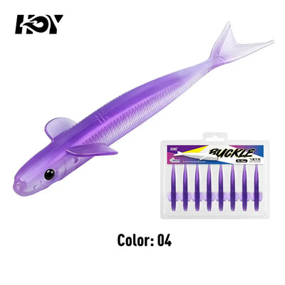 Purple soft fishing lure with fork tail; blister pack labeled Color 04