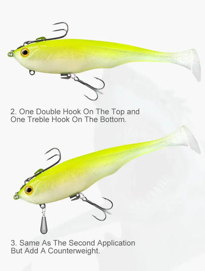 Chartreuse sinking soft T-tail lure with double and treble hook rig