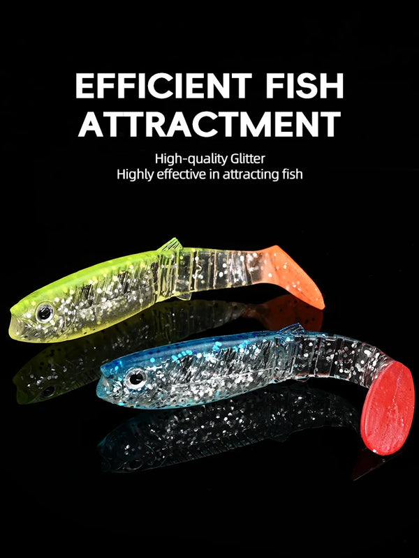 Two paddle tail swimbaits: chartreuse with sparkle and blue-silver with red tail.