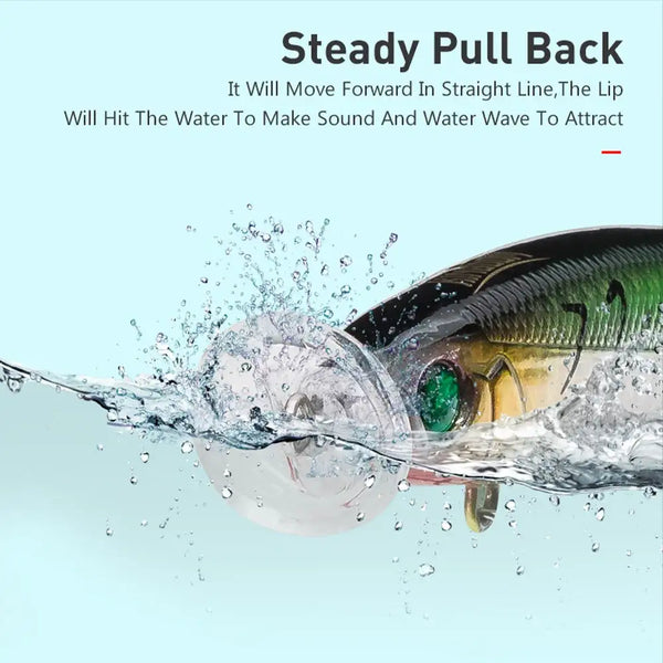 Floating lure with green eye and blue back, splashing water near treble hooks