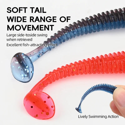Blue and red paddle-tail swimbaits with wide tail movement, detail with jig-head