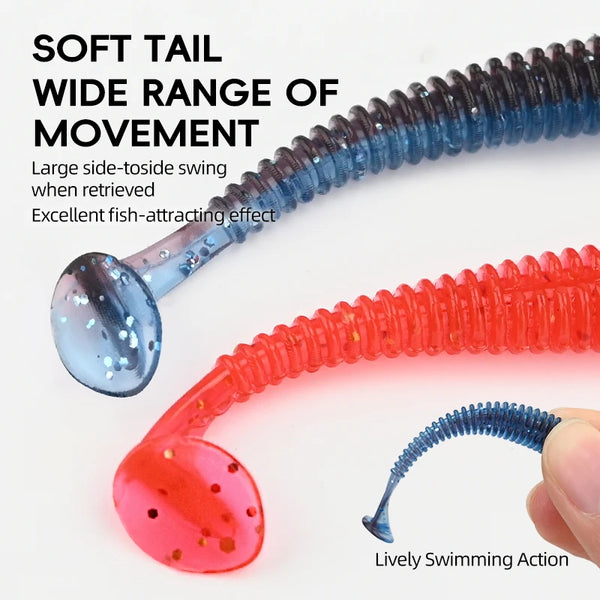 Blue and red paddle-tail swimbaits with wide tail movement, detail with jig-head