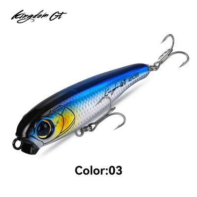 Pencil fishing lure in blue-and-white scales, gold eye, and two treble hooks