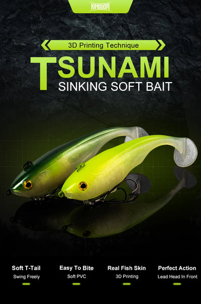 Soft T-tail sinking fishing lure, lime green body with clear white tail fin, 170mm
