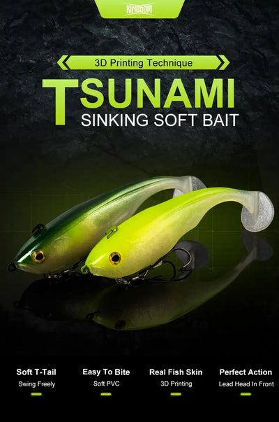 Two sinking soft T-tail lures with double hooks, green and lime colors