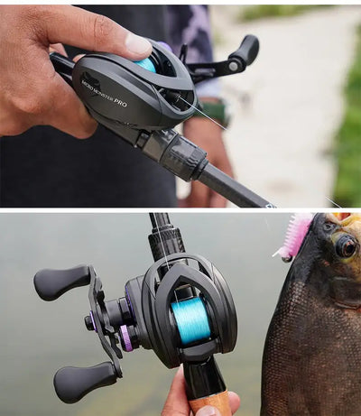 Black baitcasting reel with spool and purple side accents, angled view with crank handle