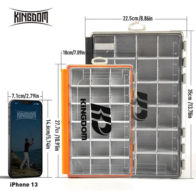Fishing tackle organizer case with removable dividers, front tray and full insert shown