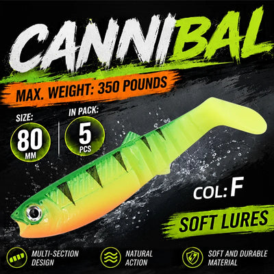 Green to orange paddle tail swimbait with bright chartreuse body, soft flexible bait.