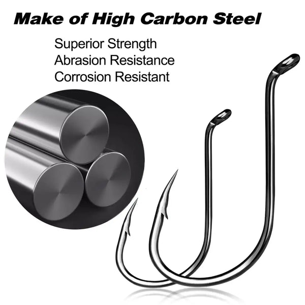 High carbon steel circle hooks, dark finish with upturned eye and offset curve