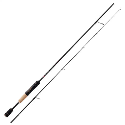 Fishing rod with cork grip, black reel seat, and line guides along the blank