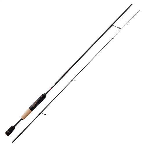Fishing rod with cork grip, black reel seat, and line guides along the blank
