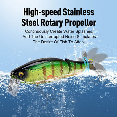 Green and yellow rotating prop fishing lure with red stripe, silver lip, and treble hooks