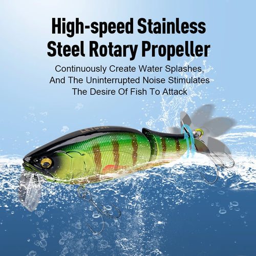 Green and yellow rotating prop fishing lure with red stripe, silver lip, and treble hooks