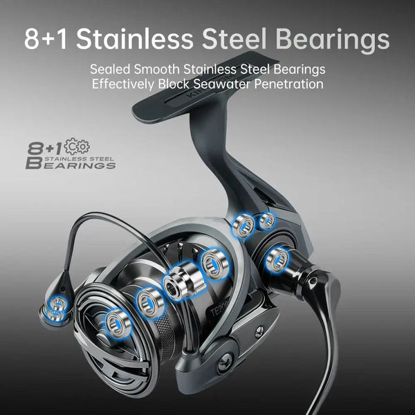 Spinning fishing reel close-up with blue bearing accents and deep spool