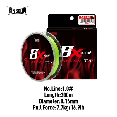 8X Plus braided fishing line reel with product box and printed size specs