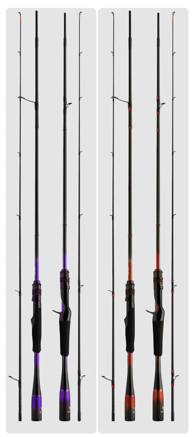 Assorted purple-and-black fishing rods displayed side by side