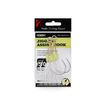 Noeby jigging assist hook package, size 5/0, lime-green heads, needle-point hooks