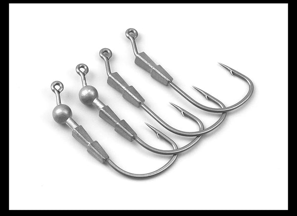 Multiple lead jig head hooks with dark metal weights and barbed hook points