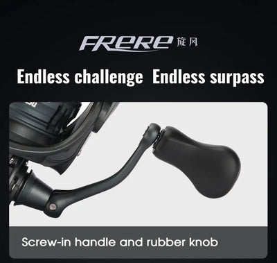 Black FRERE spinning reel with screw-in handle and rubber knob, side detail