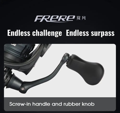Black FRERE spinning reel with screw-in handle and rubber knob, side detail