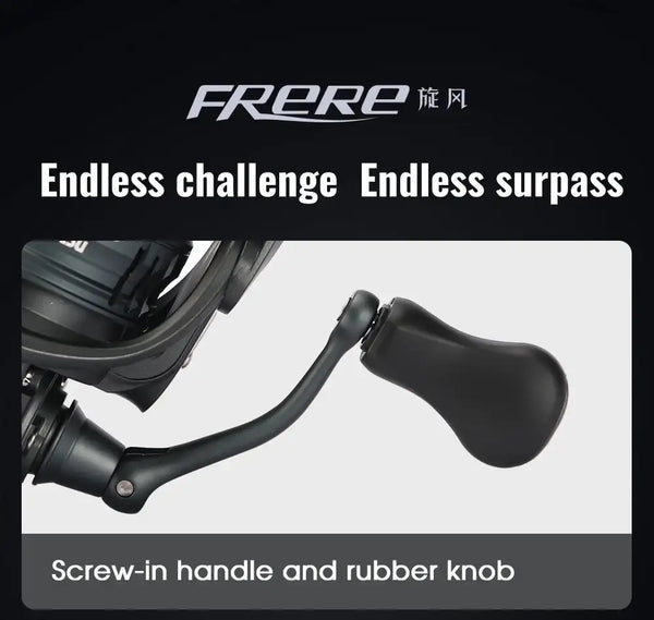 Black FRERE spinning reel with screw-in handle and rubber knob, side detail