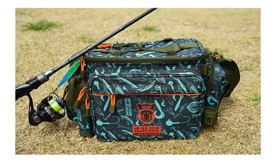 New Green patterned waterproof fishing tackle bag with front pockets and orange zipper pulls