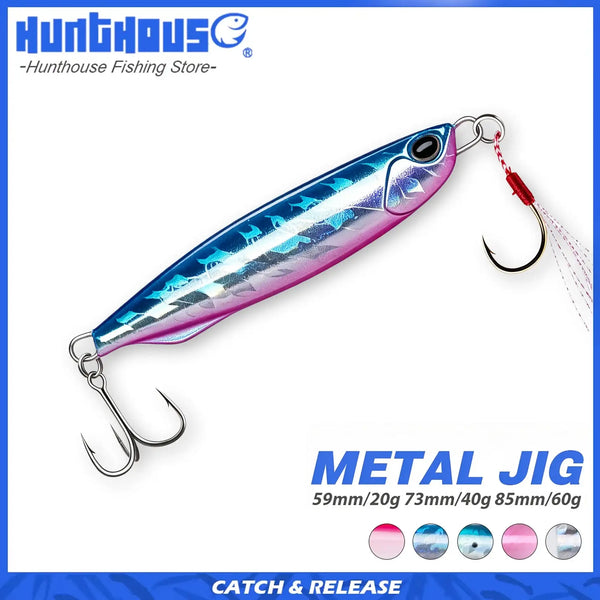 Hunthouse metal pencil jig with blue and pink striped body, double hooks